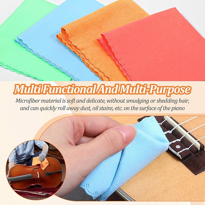 TIESOME 8 PCS Instruments Cleaning Cloths, 4 Colors 2 Sizes Microfiber Soft Lint Free Guitar Cleaning Cloth Premium Polishing & Cleaning Cloths for Guitar Flute Violin Piano Trumpet Sax