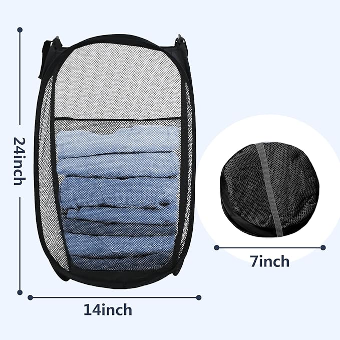 LXLOVESM Pop Up Laundry Hamper, Mesh Laundry Basket Collapsible, Foldable Hamper for Travel and Storage (Black)