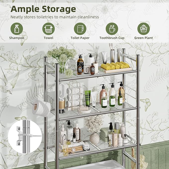 Simple Trending 3 Tier Over The Toilet Rack, Bathroom Shelves with 4 Hooks and Paper Holder, Bathroom Stand Organizer Space Saver, Chrome