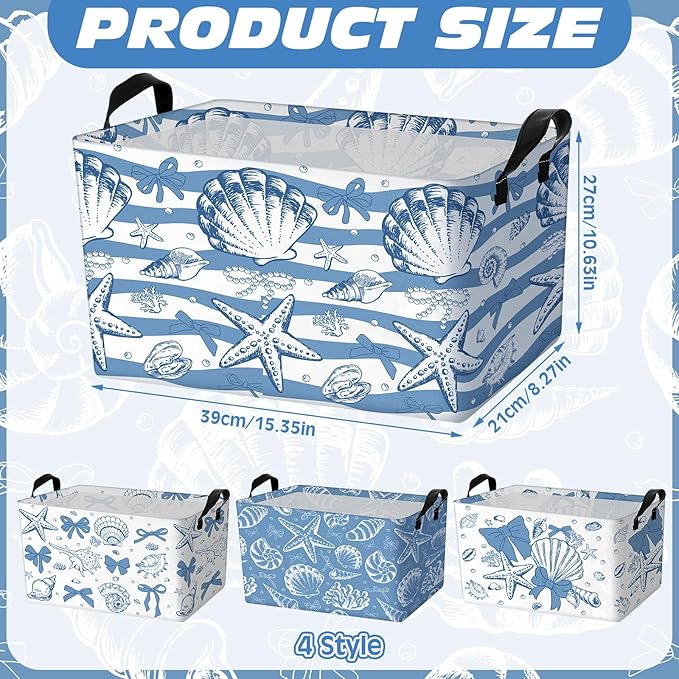 4 Pcs Coastal Beach Storage Basket Fabric Laundry Baskets with Handle Summer Ocean Blue Bow Foldable Organizer Boxes for Office Home Bedroom Baby Cloth Toy Book 15 x 10 x 8