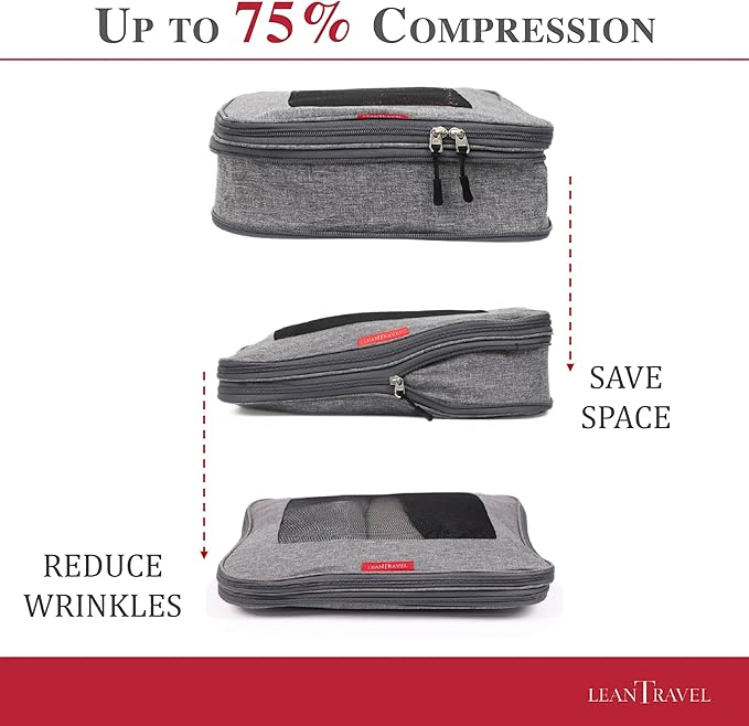 LeanTravel Compression Packing Cubes for Travel Organizers with Double Zipper 4 pack - Grey
