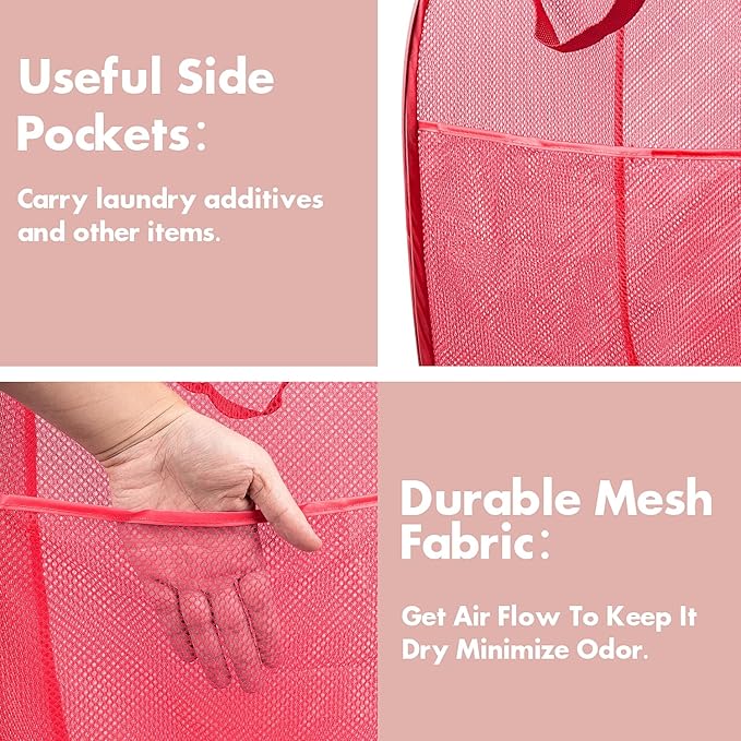 DUCOO Pop Up Hamper, 1 PCS Mesh Pop Up Laundry Hamper, Foldable Mesh Laundry Basket with Space-Saving Design for Home, Dorm, Travel & Storage - Red