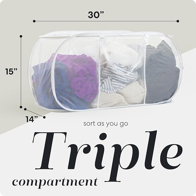 Foldable Laundry Basket - Popup and Collapsible, Durable Mesh Material, Folds for Storage, Easy Carry Handles - Great Hamper for College Dorm, Laundry Room or Travel (White, 3-Compartments)