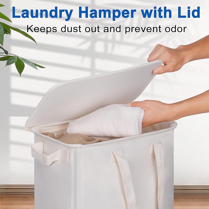 Slim Laundry Hamper with Lid and Wheels, Small Rolling Laundry Basket with Handle for Small Spaces, Tall Dirty Clothes Hampers for Dorm, Bathroom and Bedroom, 55L, Beige