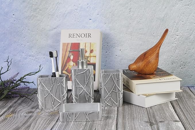 Hymmah Silver Bathroom Accessories Set,Toothbrush Holder,Farmhouse Bathroom Decor,4 Pcs Resin Gift Set Apartment Necessities, Contain Toothbrush Cup,Soap Dispenser,Soap Dish,Tumbler