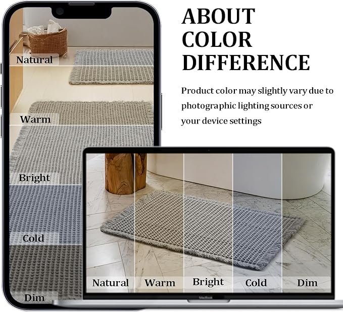 JIUZHEN Set of 2 Waffle Bath Mats Non Slip Waffle Bathroom Runner Rug Washable Boho Runner Bath Rugs Super Absorbent Shower Mat for Bathroom Kitchen Hallway Laundry, 16" x 24" +24" x 48", Grey