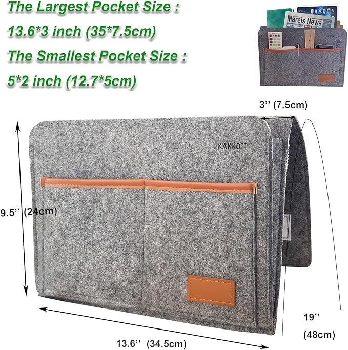 KAKKOII Bedside Caddy, Sofa Caddy, Storage Organizer Pocket for Dorm, Bedroom, 5 Pockets Felt Organizer for Magazine, Remote, Phone, Tablet, Pad, Glasses, Pen, Remote Control (Grey-Short)