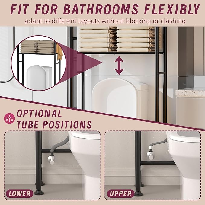 3-Tier Over The Toilet Storage Cabinet with Paper Holder and 4 Hooks, Metal Over Toilet Bathroom Organizer and Storage Shelf, Bathroom Shelves for Living Room/Laundry/Balcony(Black)