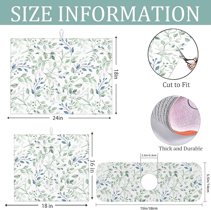 3Pcs Watercolor Floral and Leaves Dish Drying Mat & Kitchen Sink Splash Guard Faucet Mat For Kitchen Counter Absorbent Microfiber Dishes Pad Dish Drainer Rack Mats Fast Dry Kitchen Accessories