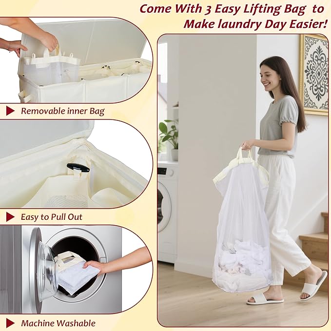 150L Laundry Hamper 2 Section, Large Laundry Hamper with Lid, Dirty Clothes Hamper with 2 Removable Inner Bags, Collapsible Laundry Basket Organizer for for Clothes Toys Towels, Hamper 2 Compartment