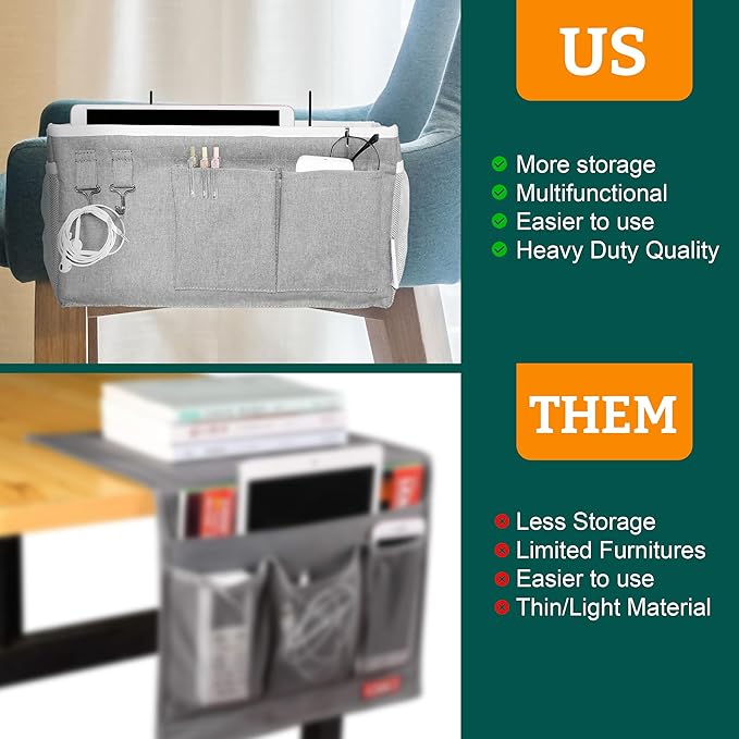 ADVANCELLPRO Bedside Caddy Organizer Hanging Storage Bag with Pockets for Books, Magazines, Phone, Tablet & Water Bottle – Bedside Storage for Dorm, Bunk Beds, Hospital Beds & Cribs,Grey