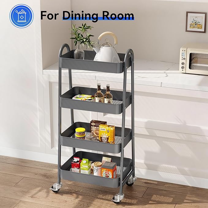 OLIXIS 4 Tier Utility Rolling Cart, Metal Mobile Storage Shelf with Lockable Caster Wheels, Organization for Livingroom, Bathroom & Narrow Places, 4-Tier Gray