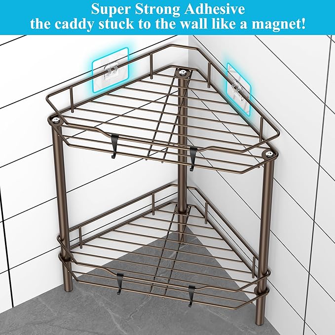 2 Tier Floor Standing Corner Shower Caddy Organizer Shelf with Hooks, Bathroom Shelves Stand Rack, Bronze