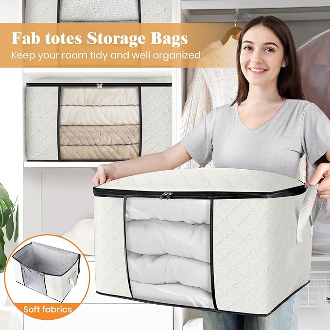 Fab totes 6 Pack Clothes Storage, Foldable Thick Fabric Blanket Storage Bags, Containers for Organizing Bedroom, Closet, Clothing, Comforter, Organization with Handle,Ivory White