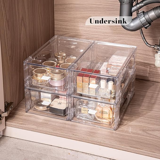 4 Pack Stackable Storage Drawers, Plastic Clear Organizer Bins with Handles for Undersink, Kitchen Cabinet, Fridge, Closet, Pantry, Office, Bathroom
