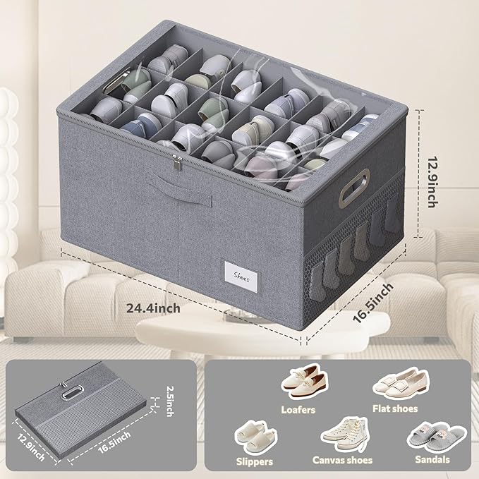 Shoe Organizer for Closet, Shoe Box Storage Containers Fit 18 Pairs Foldable Shoe Storage Bins with Clear Cover & Adjustable Dividers for Shoes Blankets Linen Clothing (Grey, (24.4*16.5*12.9)x1)
