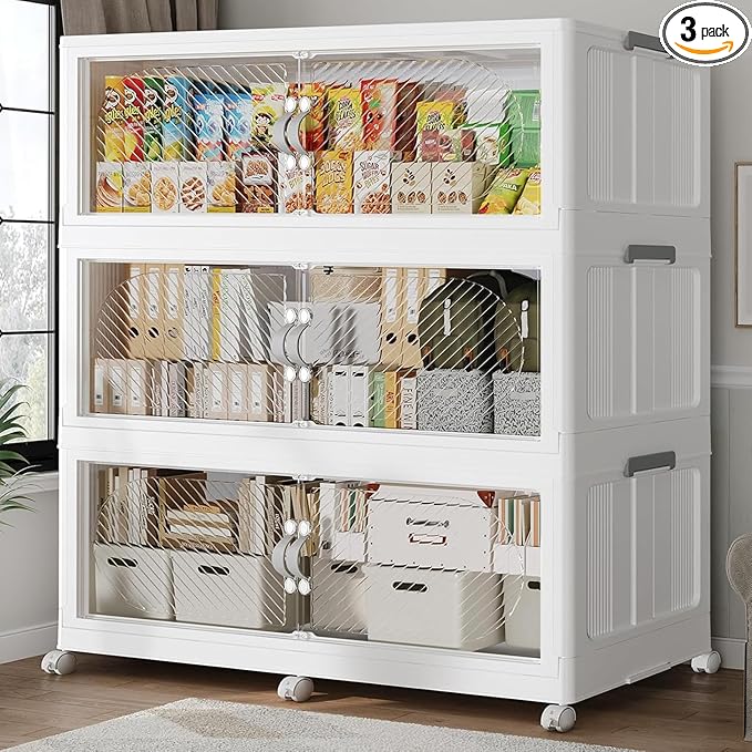 720QT Extra Large Stackable Storage Bins with Lid, 180Gal Plastic Closet Organizers and Storage Drawer, Collapsible Cabinet Box with Wheels Clear Doors for Home Kitchen Office, 3Pack White