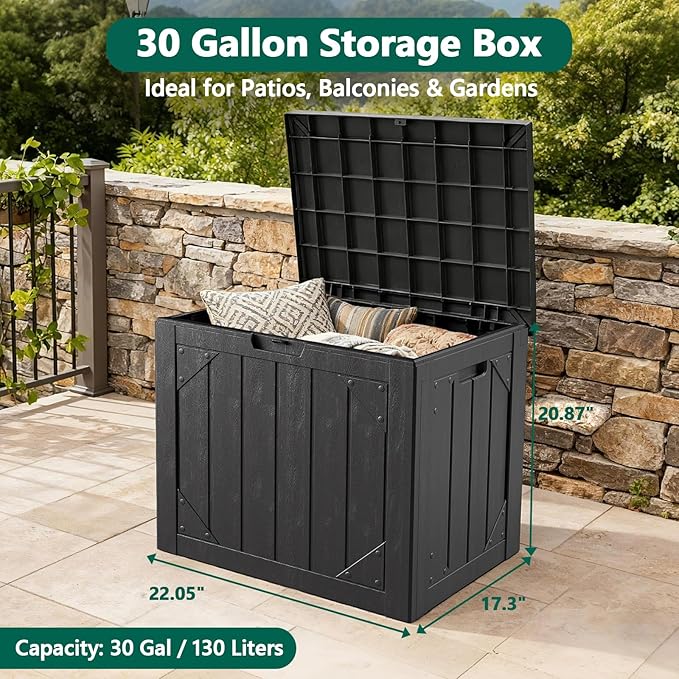Outdoor Storage Box,30 Gallon Deck Box Outdoor Storage Bench Outside Waterproof Resin Storage Bench, Lockable Patio Cushions, Garden Tools Storage For Furniture, UV Resistant(Black)
