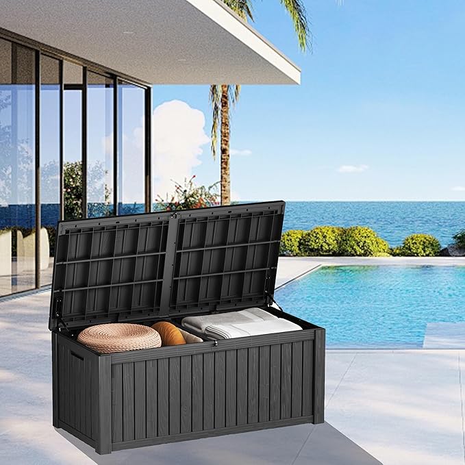 180 Gallon Lockable Resin Outdoor Storage Box, Waterproof & Weather Resistant Deck Box for Patio Cushion, Garden Tools & Pool Accessories, Black