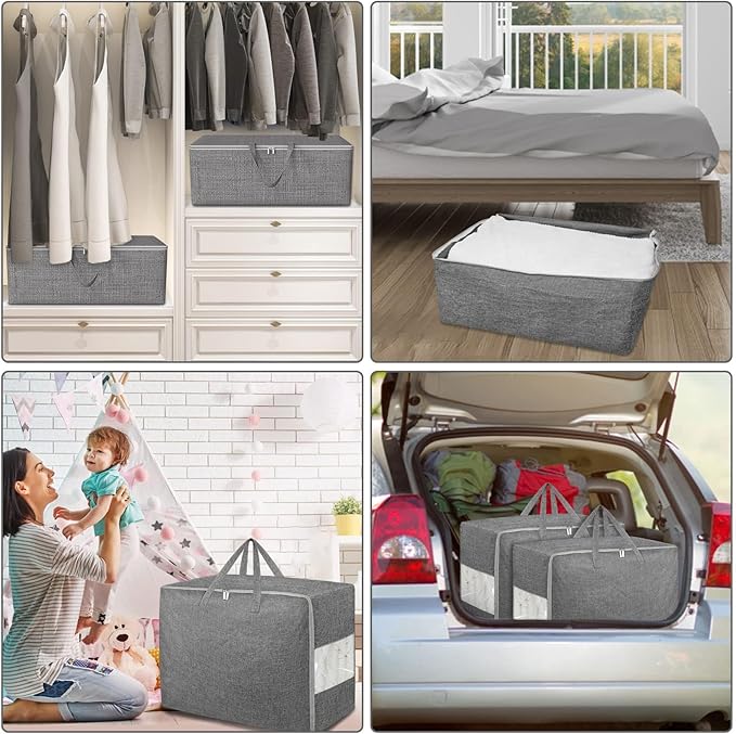 4Pack 105L Extra Large Storage Bags, Folding Moving Comforter Blanket Storage Bags Closet Organizers and Storage Containers for Clothes with Strong Handles&Zippers Clear Window for Bedding Pillow Grey