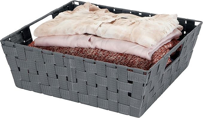 Simplify 2 Pack Large Storage Shelf Totes with Woven Strap in Grey | Decorative | Baskets | Organization | Accessories | Drawer | Desk | Closet | Bathroom | Bedroom | Nursery | Toys | Gifts