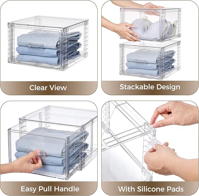Vtopmart 6 Pack 18QT Clear Stackable Storage Drawers,Easily Assemble Closet Organizers,Plastic Storage Bins for Bathroom,Cabinet,Kitchen Pantry,Under Sink Organization(Medium)