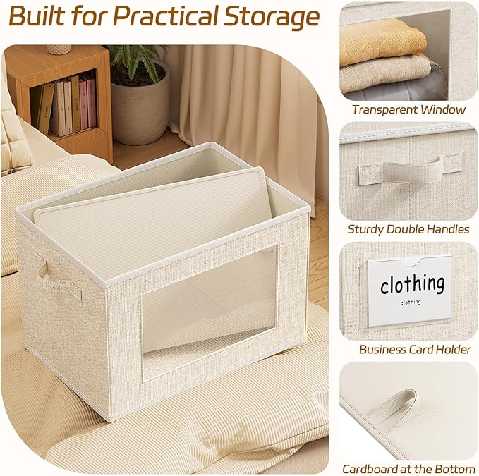 4-Pack Fabric Foldable Storage Bins Closet Storage Box with Window Decorative Storage Bins with Lids for Clothes, Closet, Books, Living Room, Beige, 15“ x 9.8” x 9.8"