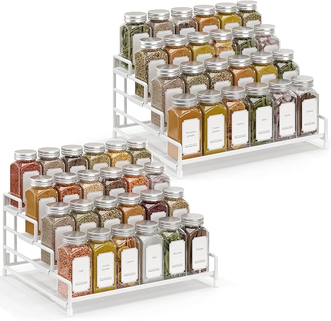 4-Tier-Spice-Rack-Organizer-for-Cabinet, Adjustable Depth Spice Holder Shelf For Countertop Pantry Cupboard, Metal Tiered Seasoning Organizer,Display Shelf Riser (White-2 Pack)