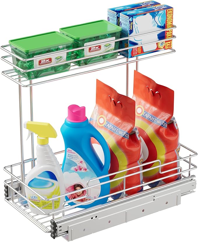 STORKING Under Sink Organizer 9" W X17 D, Pull Out Cabinet Organizer 2 Tier, Under Sink Slide Out Chrome Plated, Under Kitchen Bathroom Organizer, Pantry Cabinet Closet Organization Rack, 1 Pack