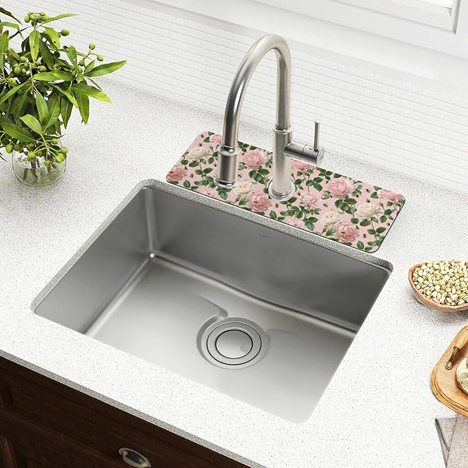 Pastel Pink Rose Bees Grey Butterflies Kitchen Sink Splash Guard Sink Faucet Mat Faucet Handle Drip Catcher Drain Mats for Kitchen Bathroom Countertop Absorbent Di