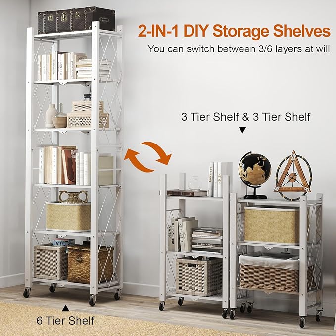 6-Tier Foldable Storage Shelves with Wheels, Folding Metal Shelf Unit, Folding Bookshelf no Assembly, Collapsible Shelves for Craft Shows for Kitchen, Bedroom, Living Room, White