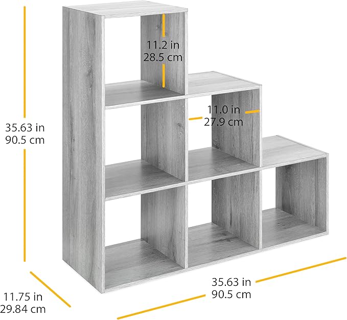 Whitmor 6 Cubes Bookshelf, Freestanding 6 Cube Stepped Etagere Bookcase, L Shaped Ladder Corner Open Bookshelf, Wood Storage Display Shelf for Living Room Home Office, 11.7"L x 35.6"W x 35.6"H, Gray