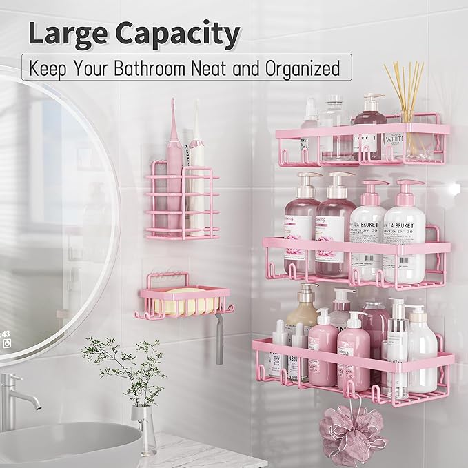10 Pack Shower Caddy Organizer Rack Shelf for Inside Shower, Self Adhesive Wall Storage Basket Rustproof Stainless Steel Shampoo Holder Bathroom Accessory Decor Set, Pink