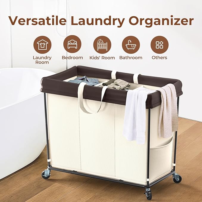 320L Laundry Hamper with Wheels, 3 Section Large Rolling Laundry Basket Bag with Wheels, Clothes Hamper Cart for Laundry, Bedroom, Bathroom and Dorm