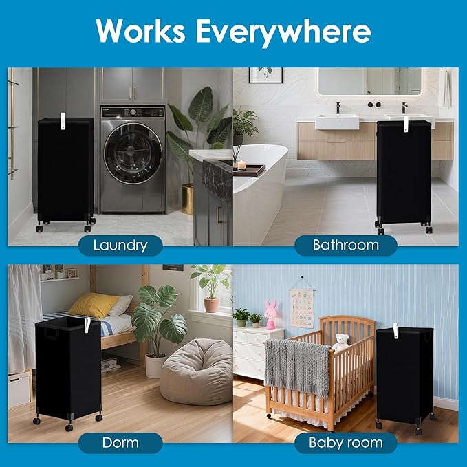 Laundry Basket With Wheels 105L, Large Rolling Laundry Hamper With Removable Bag, Metal Frame Collapsible Dirty Clothes Bin, Cloth Organizer Hampers Pull Handle For Bathroom, Dorm, Bedroom Black