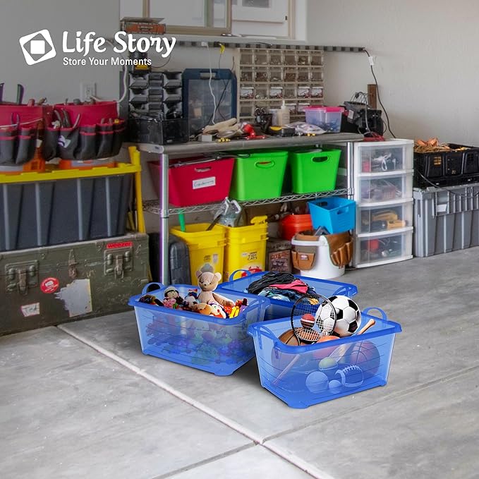 Life Story 12 Pack Light Duty Stackable Storage Bin, 55 Quart Home Organizer, Versatile Lightweight Locking Bins with Carrying Handles, Blue