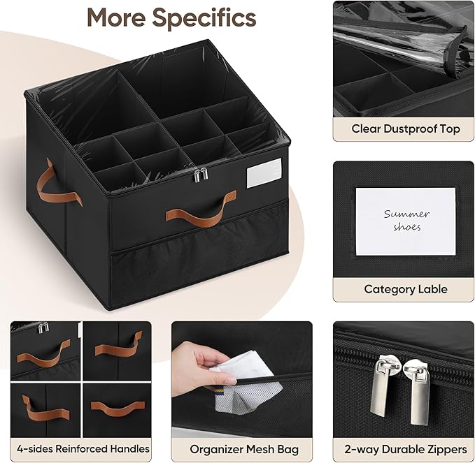 MSTONAL Shoe Organizer for Closet, 1 Pack Shoe Storage Container with Adjustable Dividers, Space Saving Shoe Box Storage Organizer Bin with Clear Lid and 4 Handles, Fits 8-16 Pairs, Pure Black