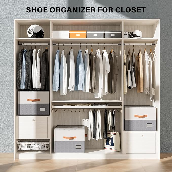 2 Pack Shoe Organizer for Closet, Fits Up to 16-32 Pairs, Foldable Shoe Storage Organizer, Shoe Containers with Clear Cover, Large Shoe Boxes Boot Storage, Adjustable Dividers