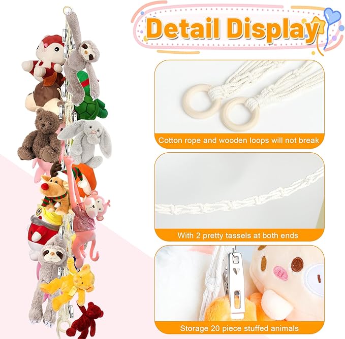 Stuffed Animal Storage Hammock Corner - Hanging Stuffed Animal Holder with 20 PCS Metal Clips, Boho Stuffed Animal Organizer Chain for Hanging Hats Socks Holiday Cards