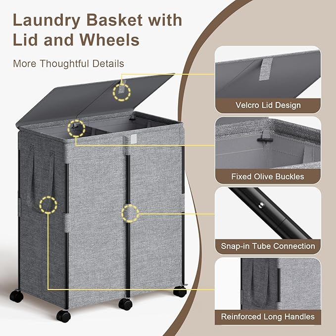 Chrislley 140L Large Double Laundry Hamper with Lid and 6 Wheels, Rolling Laundry Basket with 2 Removable Bags, Heavy Duty Metal Frame Laundry Cart, Dirty Clothes Hamper for Bathroom, Bedroom (Grey)