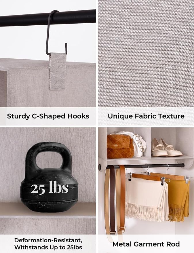 StorageWorks Hanging Closet Organizer with Metal Rod, 4-Section Closet Organizers and Storage, Collapsible Hanging Shelves for Wardrobe Organizer, Nursery, Bedroom, Light Khaki