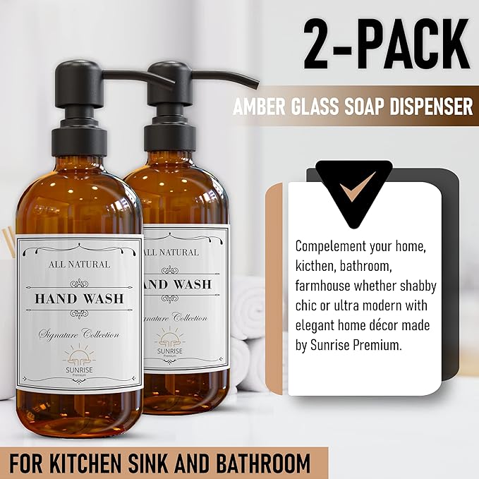 2 Pack Amber Glass Soap Dispenser 16 OZ with Matte Black Stainless Steel Pump, Hand and Dish Soap Dispenser Set for Bathroom and Kitchen Sink with 6 Waterproof Labels