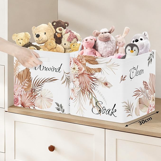 Clastyle Flower Storage Basket Set with Metal Frame Leaves Plants Foldable Closet Clothes Organizer Decorative Nursery Toddler Toy Bin Women Girl Book Shelf Basket, Boho, 11.8x11.8x11.8 in