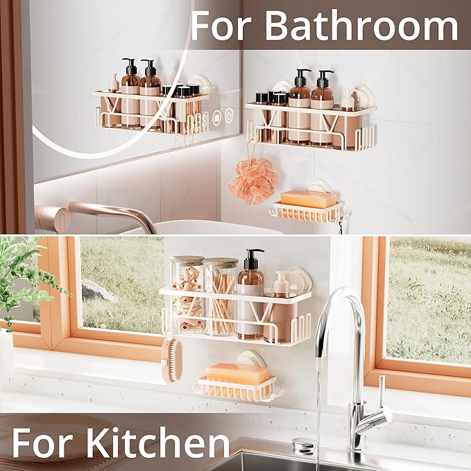 KEGII Suction Cup Shower Caddy, 2 Pack Shower Suction Shelf with Soap Holder & Hooks, No Drilling Bathroom Organizer, Stainless Steel Shampoo Holder for Bathroom Storage Basket, Cream White