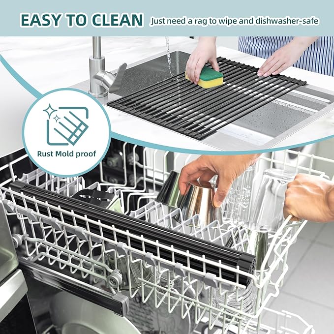 Ohuhu Over The Sink Dish Drying Rack, 20.5" W x 13.1" L Rolling Dish Drainer Foldable Sink Accessories Heat-Resistant Mat Anti-Slip Silicone Coated Dish Racks for Kitchen Counter