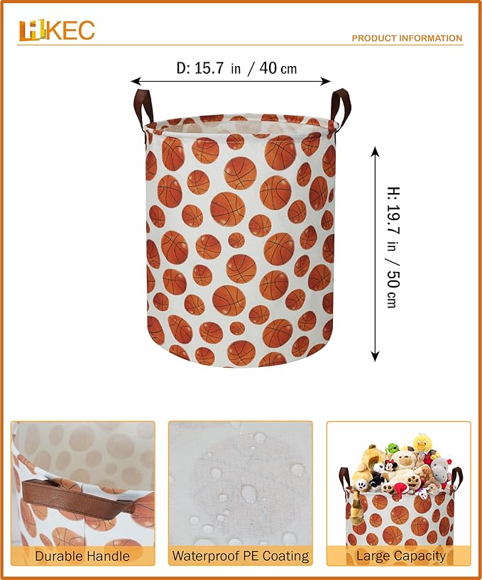 19.7" Basketball Laundry Basket,Dirty Clothes Laundry Hamper,Waterproof Foldable Toys Storage Bin,Room Decor, Gift Baskets, Baby Nursery Hamper(Bright basketball)
