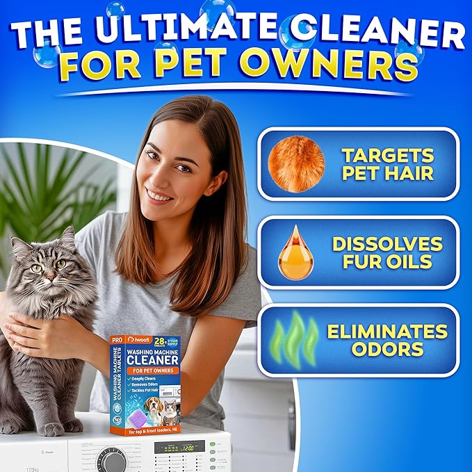 PRO Washing Machine Cleaner Tablets for Pet Owners – Breaks Down Pet Hair Eliminates Odors & Buildup – Septic Safe Extra-Strength Deep Clean for Front & Top Load HE Washers – 28 Tablets 1-Year Supply