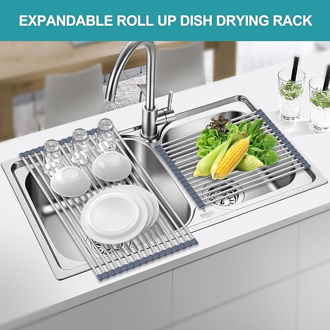 BBXTYLY Extra Large Expandable Roll Up Dish Drying Rack,Over The Sink Drying Rack Sink Cover Kitchen Sink Accessories Kitchen Rolling up Stainless Steel Drainer, Foldable,Rollable（Gray，25.1''-12.4''）