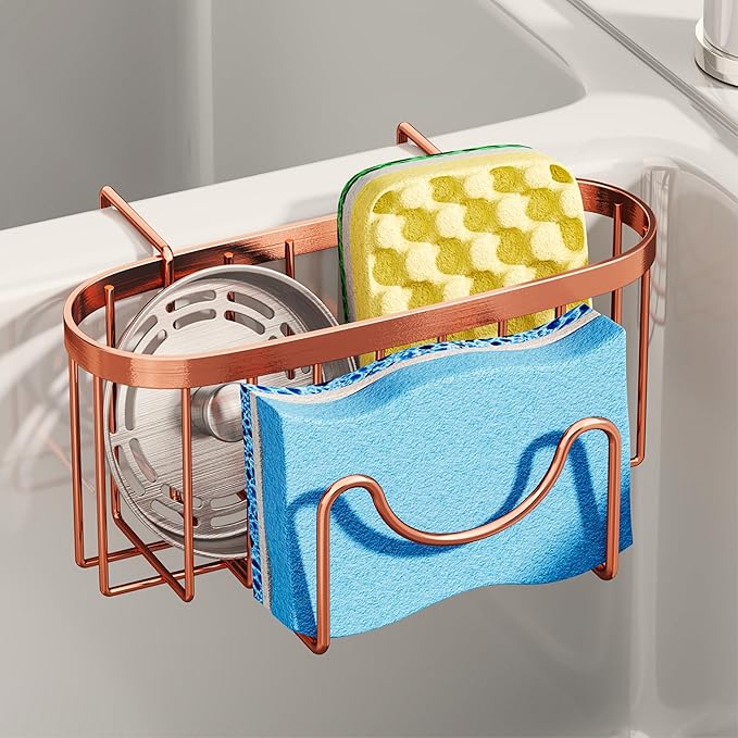 SWTYMIKI Sink Caddy - Movable Stainless Steel Hanging Organizer with M Shape Hook, Fits Double Sink, Rose Gold
