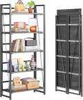 4NM No Assembly Folding Bookshelf, 5-Shelf 62.2" H Collapsible Foldable Bookcase Storage for Small Spaces, Gray and Black